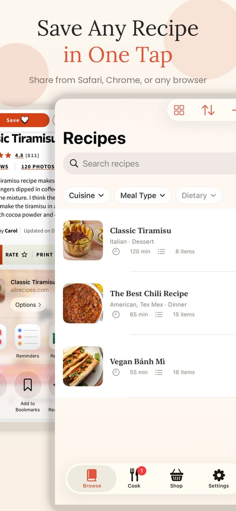 Recipe Tin app recipe library screen