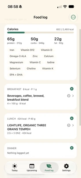 Food log: calories, protein, carbs and fat against targets, with key plant-based nutrients