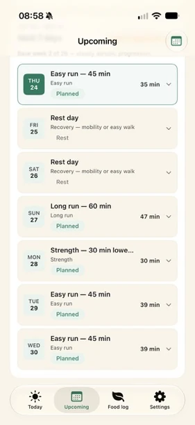 Upcoming screen: the week's plan of easy runs, rest days, a long run and strength