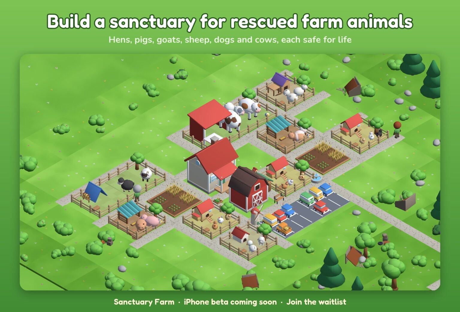 A growing sanctuary: a farmhouse and red barn surrounded by pens of cows, pigs, sheep, goats, dogs and chickens, feed fields, paths and a visitor parking lot