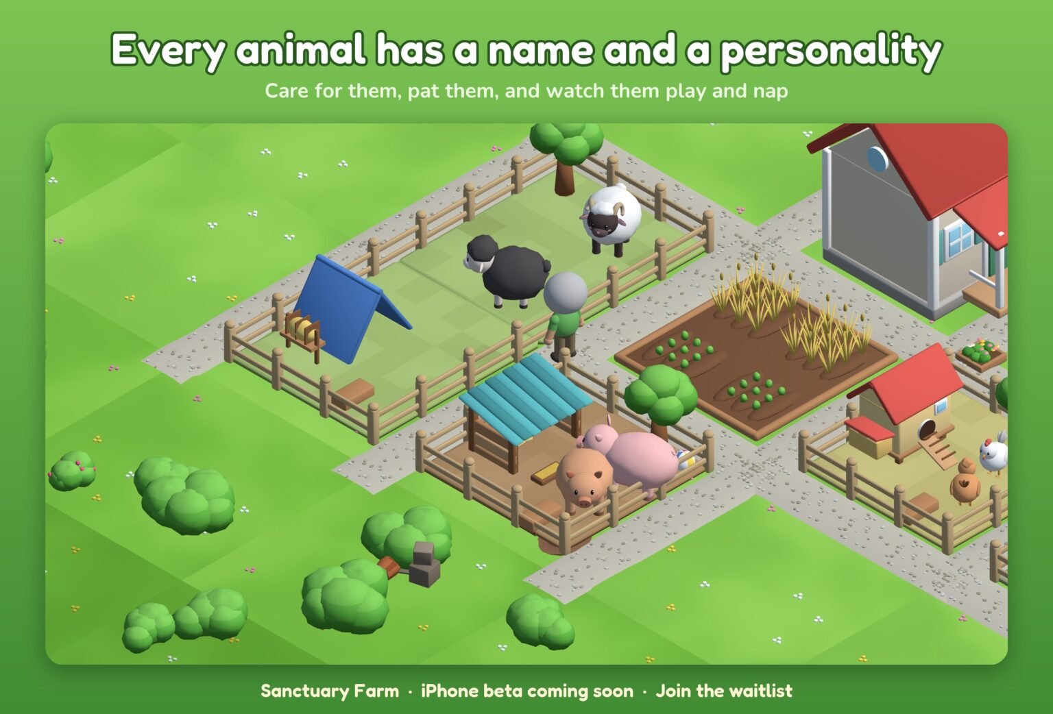 Close-up of sheep and pigs in their pens, with a farmhand checking on them near the feed fields and chicken coop
