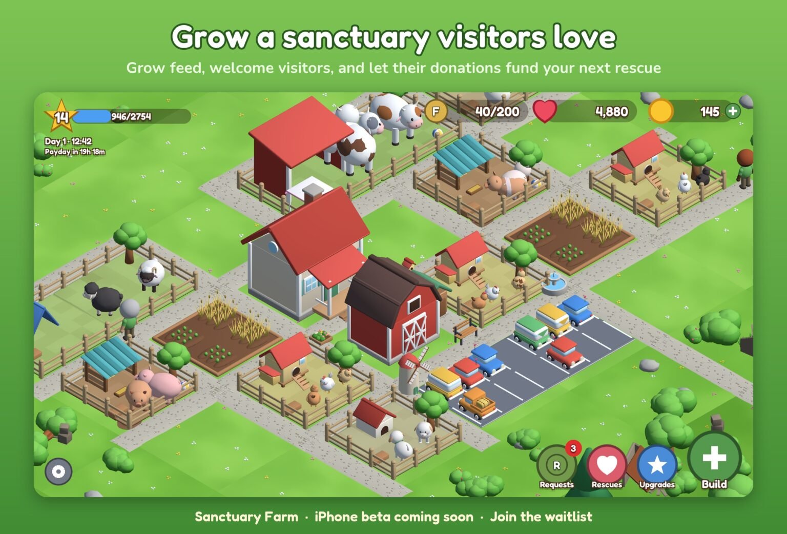 The full sanctuary with crops growing, visitors parked, and the Requests, Rescues, Upgrades and Build buttons